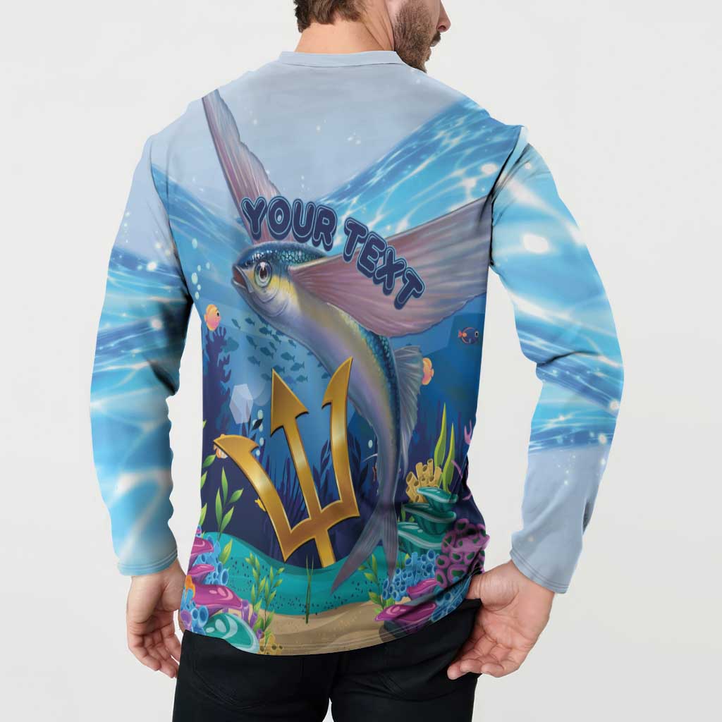 Men's light blue back button sweatshirt with 'YOUR TEXT' and flying fish art