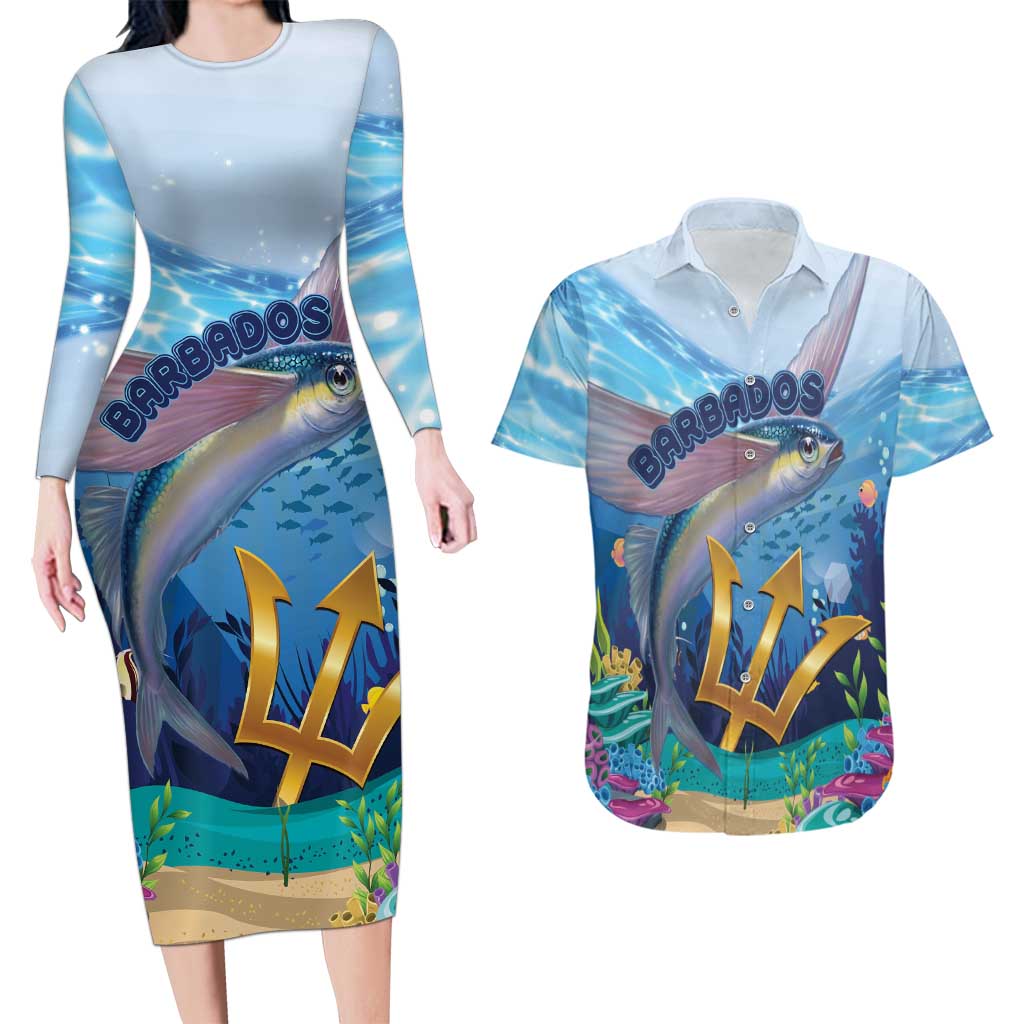 Personalised Barbados Flying Fish Couples Matching Long Sleeve Bodycon Dress and Hawaiian Shirt Ocean Style - Wonder Print Shop