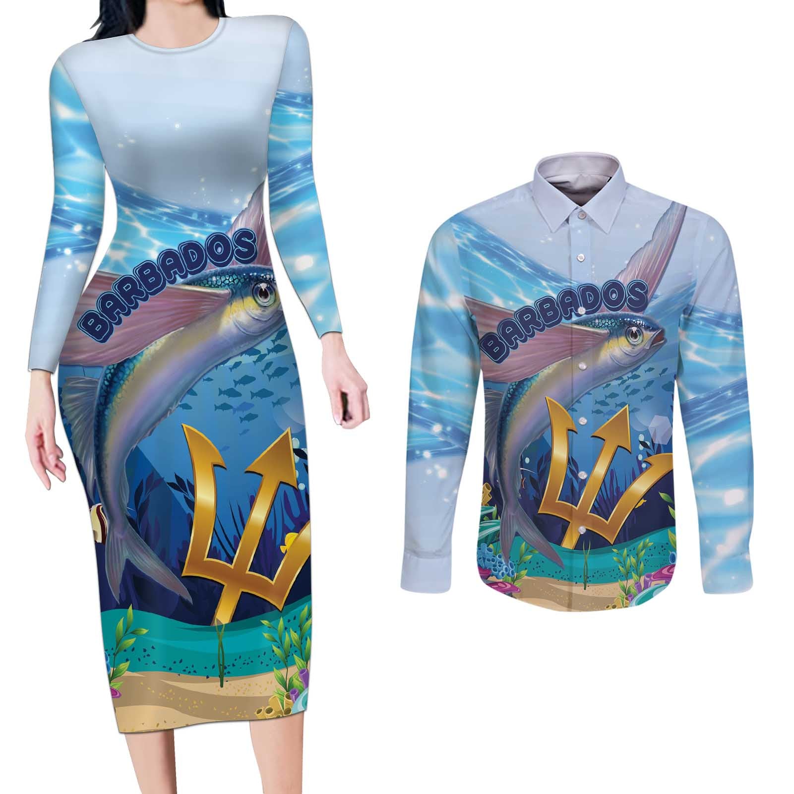 Personalised Barbados Flying Fish Couples Matching Long Sleeve Bodycon Dress and Long Sleeve Button Shirt Ocean Style - Wonder Print Shop