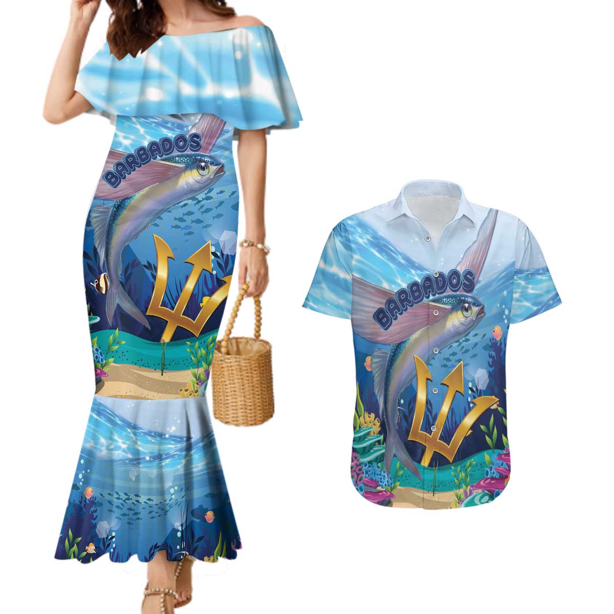 Personalised Barbados Flying Fish Couples Matching Mermaid Dress and Hawaiian Shirt Ocean Style - Wonder Print Shop