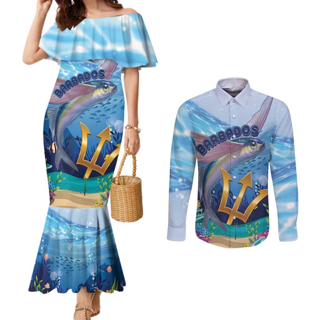 Personalised Barbados Flying Fish Couples Matching Mermaid Dress and Long Sleeve Button Shirt Ocean Style