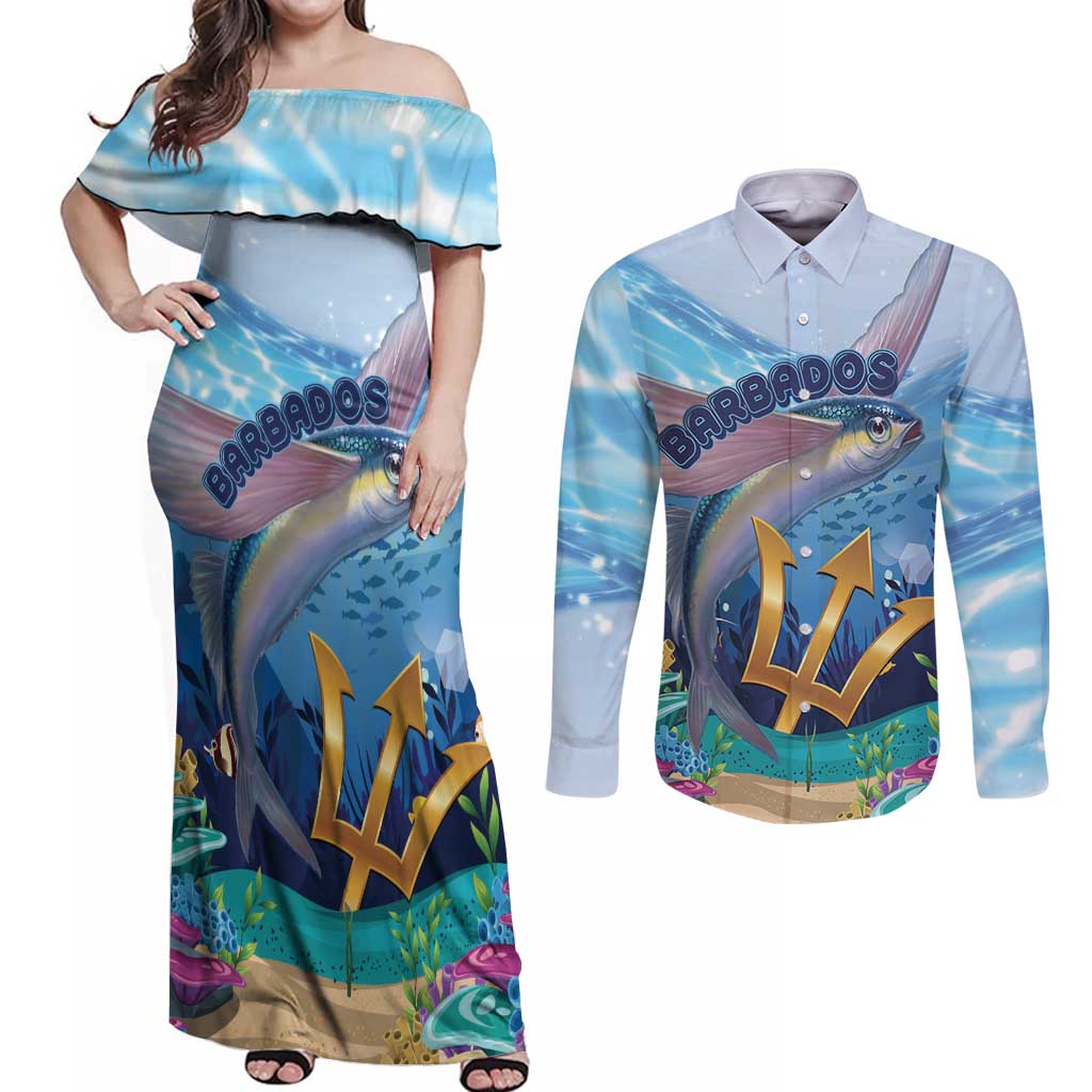 Personalised Barbados Flying Fish Couples Matching Off Shoulder Maxi Dress and Long Sleeve Button Shirt Ocean Style - Wonder Print Shop