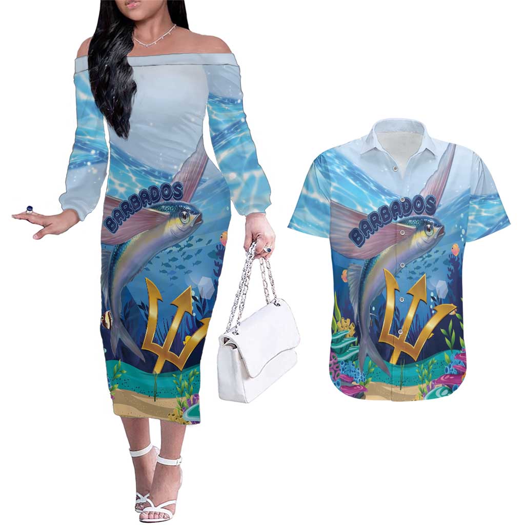 Personalised Barbados Flying Fish Couples Matching Off The Shoulder Long Sleeve Dress and Hawaiian Shirt Ocean Style - Wonder Print Shop