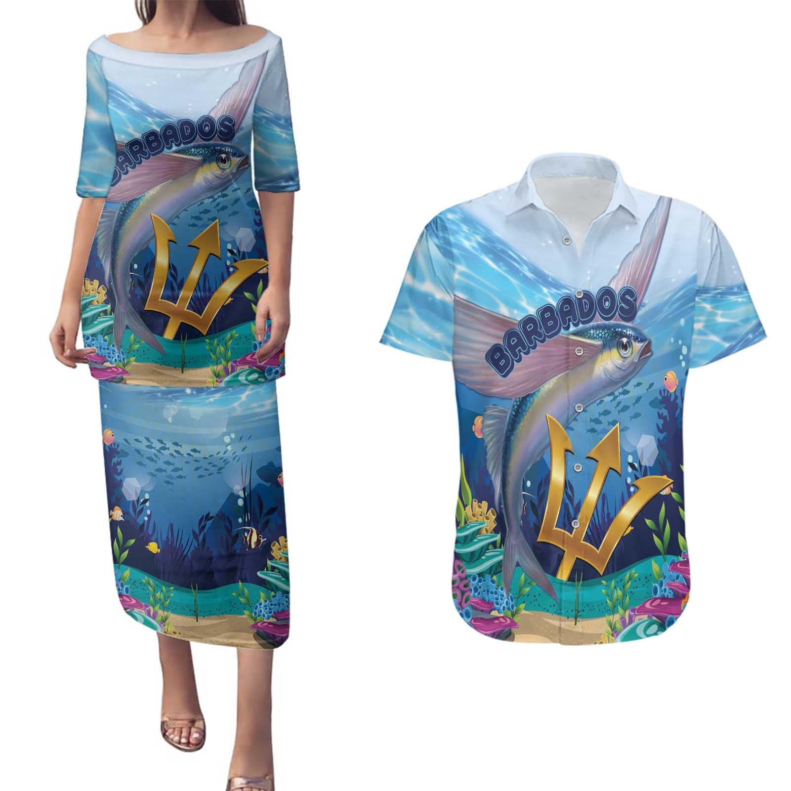 Personalised Barbados Flying Fish Couples Matching Puletasi and Hawaiian Shirt Ocean Style - Wonder Print Shop