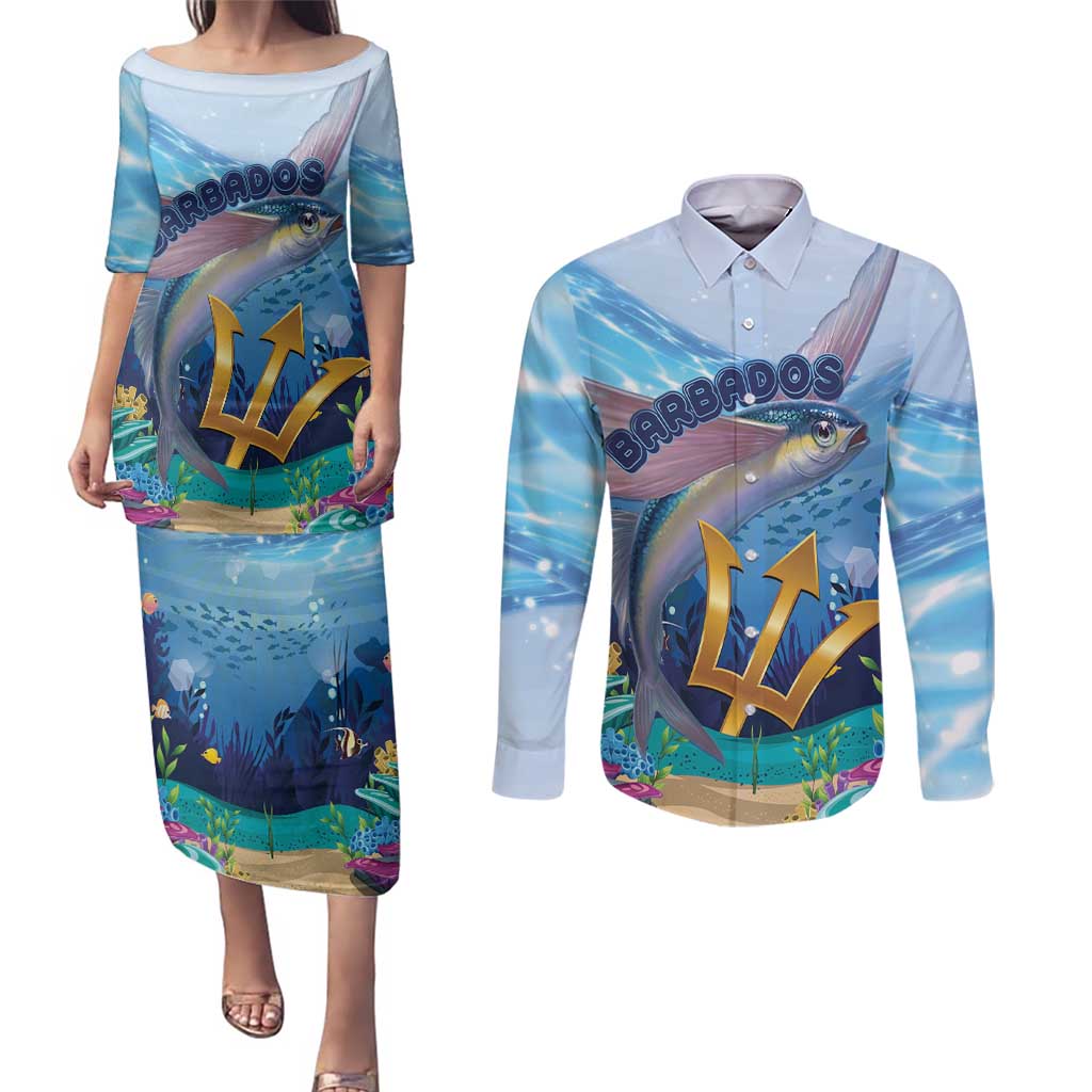 Personalised Barbados Flying Fish Couples Matching Puletasi and Long Sleeve Button Shirt Ocean Style - Wonder Print Shop