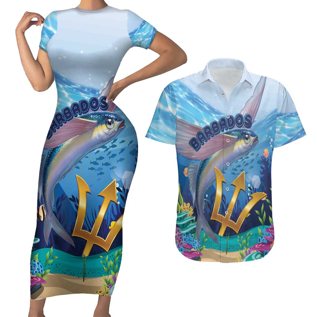 Personalised Barbados Flying Fish Couples Matching Short Sleeve Bodycon Dress and Hawaiian Shirt Ocean Style - Wonder Print Shop