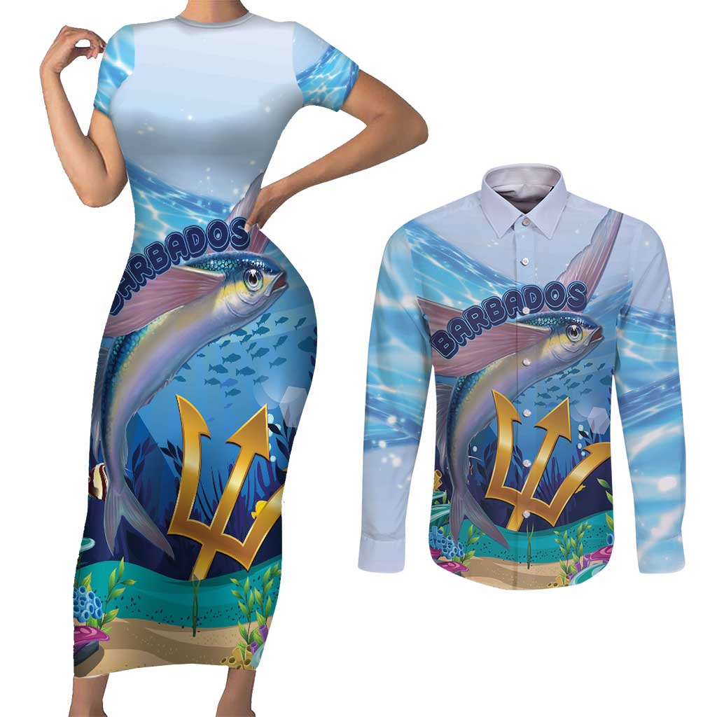 Personalised Barbados Flying Fish Couples Matching Short Sleeve Bodycon Dress and Long Sleeve Button Shirt Ocean Style - Wonder Print Shop