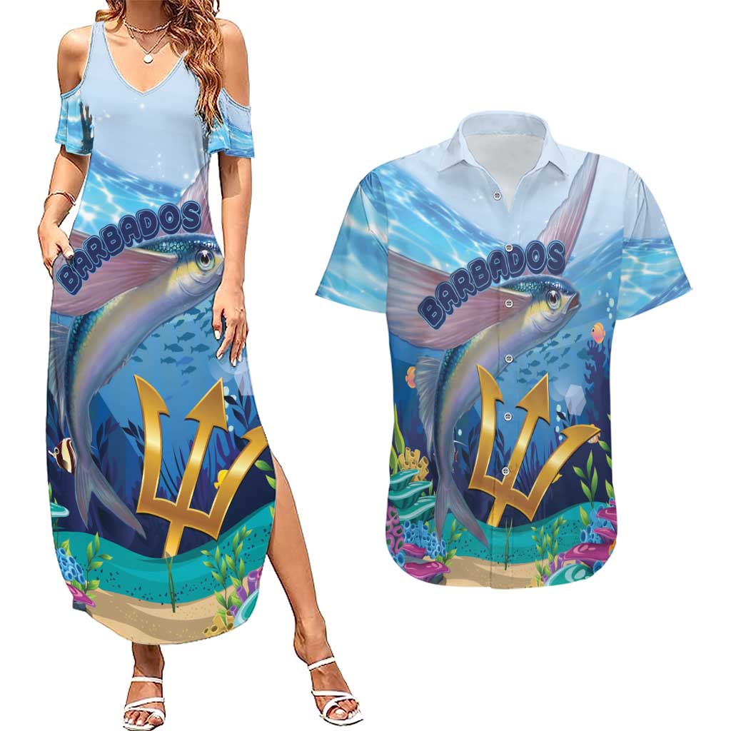 Personalised Barbados Flying Fish Couples Matching Summer Maxi Dress and Hawaiian Shirt Ocean Style - Wonder Print Shop