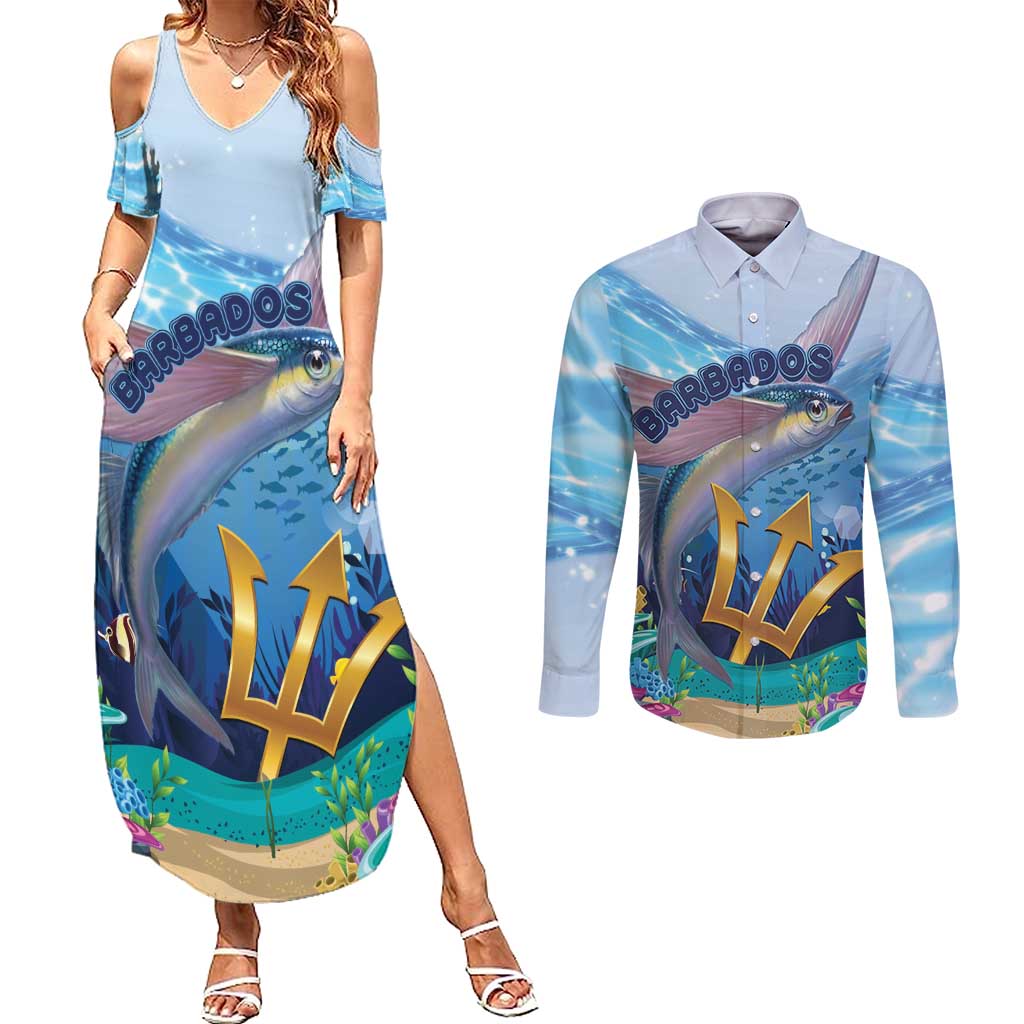 Personalised Barbados Flying Fish Couples Matching Summer Maxi Dress and Long Sleeve Button Shirt Ocean Style - Wonder Print Shop