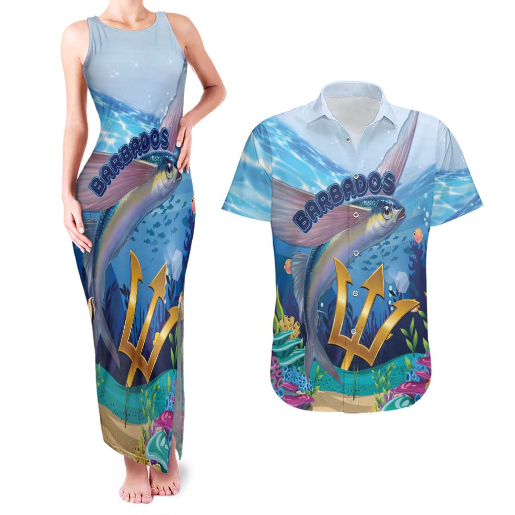 Personalised Barbados Flying Fish Couples Matching Tank Maxi Dress and Hawaiian Shirt Ocean Style - Wonder Print Shop