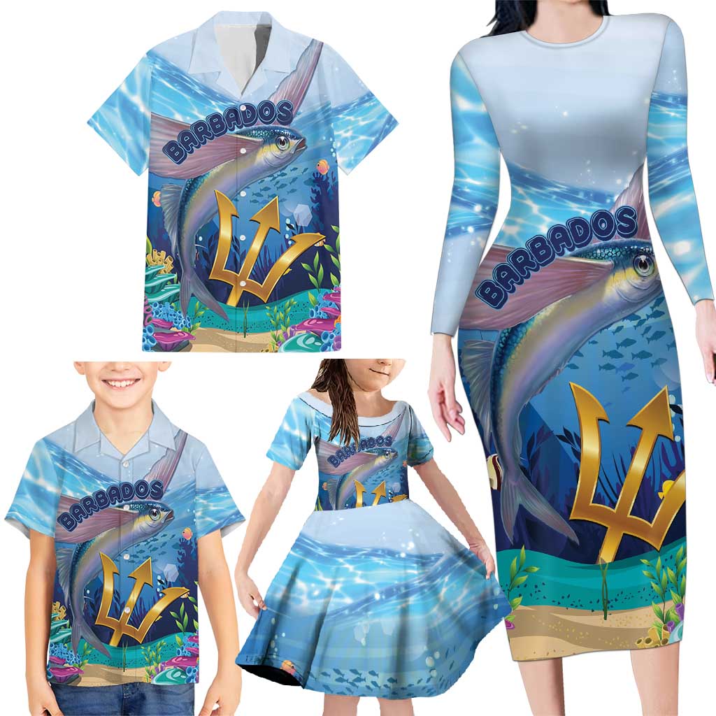 Personalised Barbados Flying Fish Family Matching Long Sleeve Bodycon Dress and Hawaiian Shirt Ocean Style - Wonder Print Shop