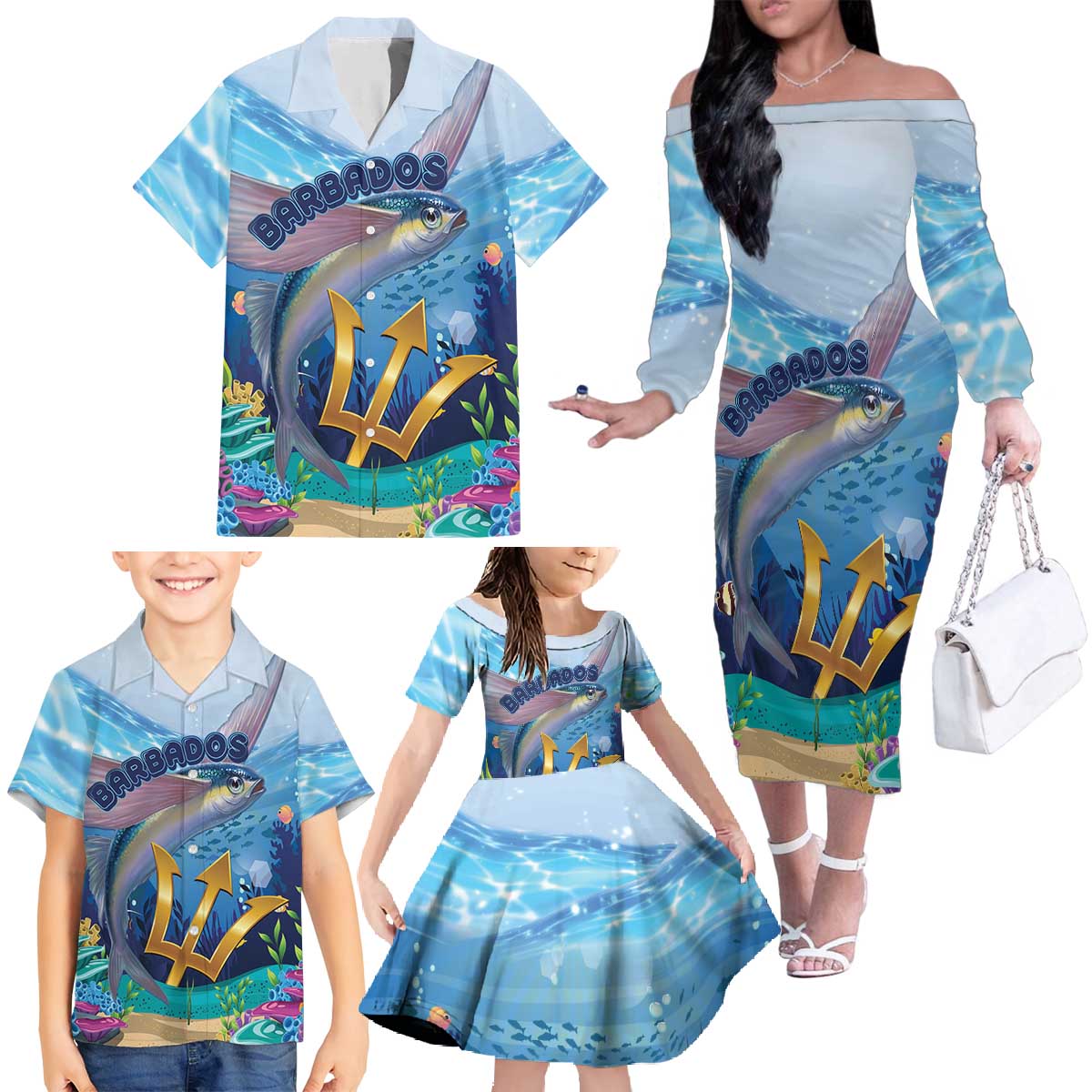 Personalised Barbados Flying Fish Family Matching Off The Shoulder Long Sleeve Dress and Hawaiian Shirt Ocean Style - Wonder Print Shop