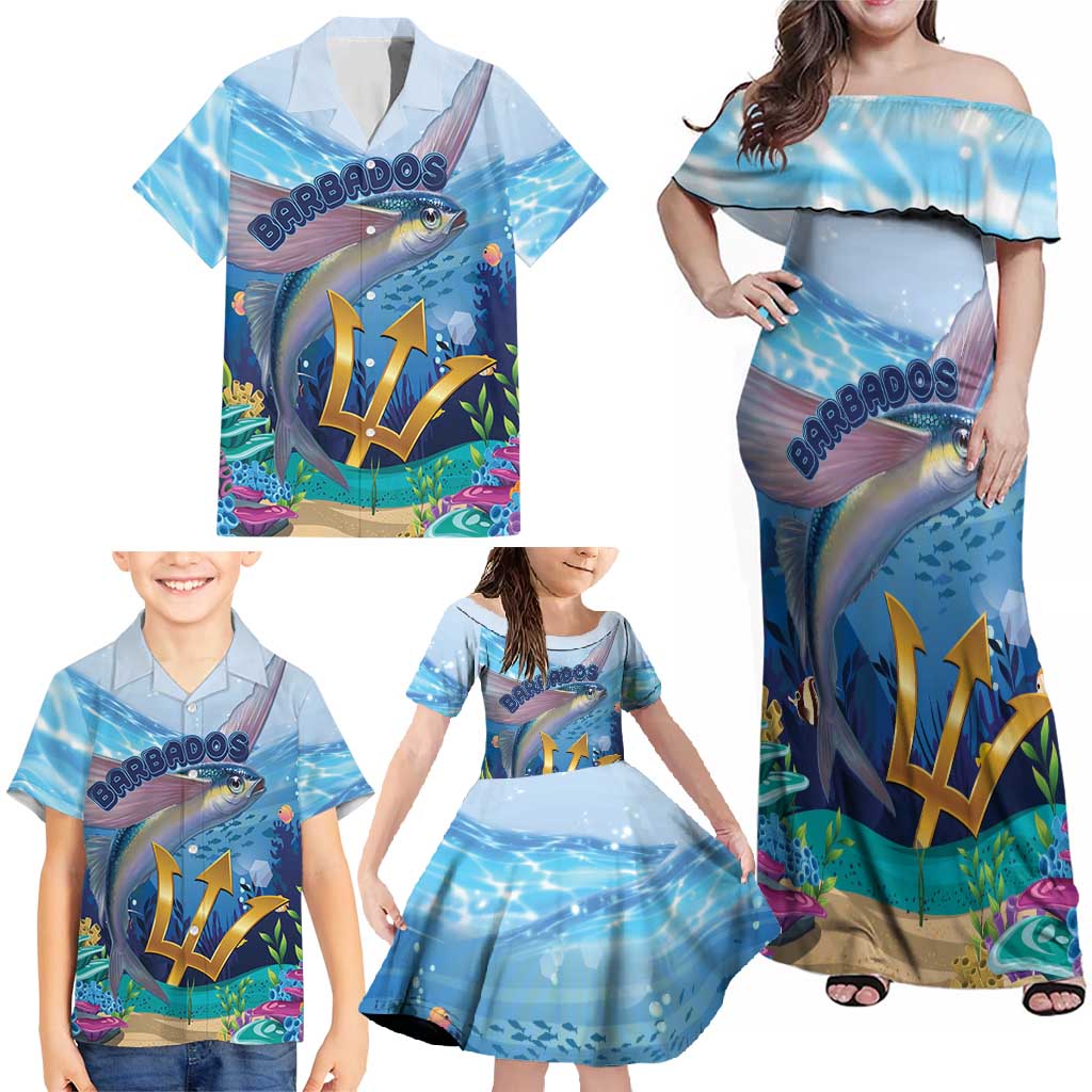 Personalised Barbados Flying Fish Family Matching Off Shoulder Maxi Dress and Hawaiian Shirt Ocean Style - Wonder Print Shop