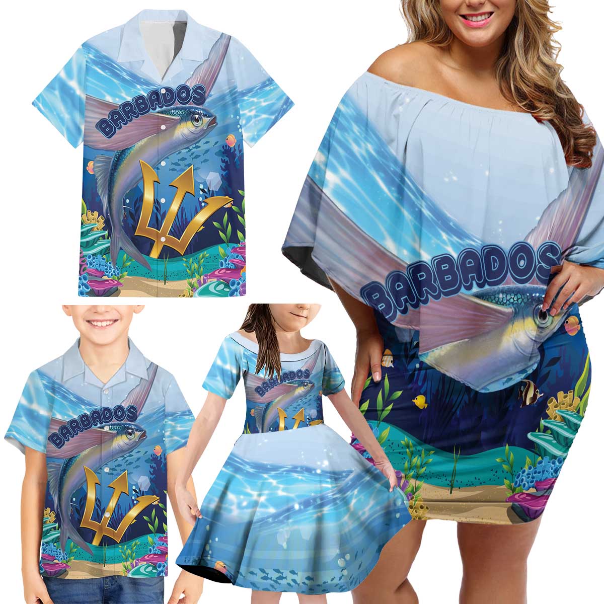 Personalised Barbados Flying Fish Family Matching Off Shoulder Short Dress and Hawaiian Shirt Ocean Style - Wonder Print Shop