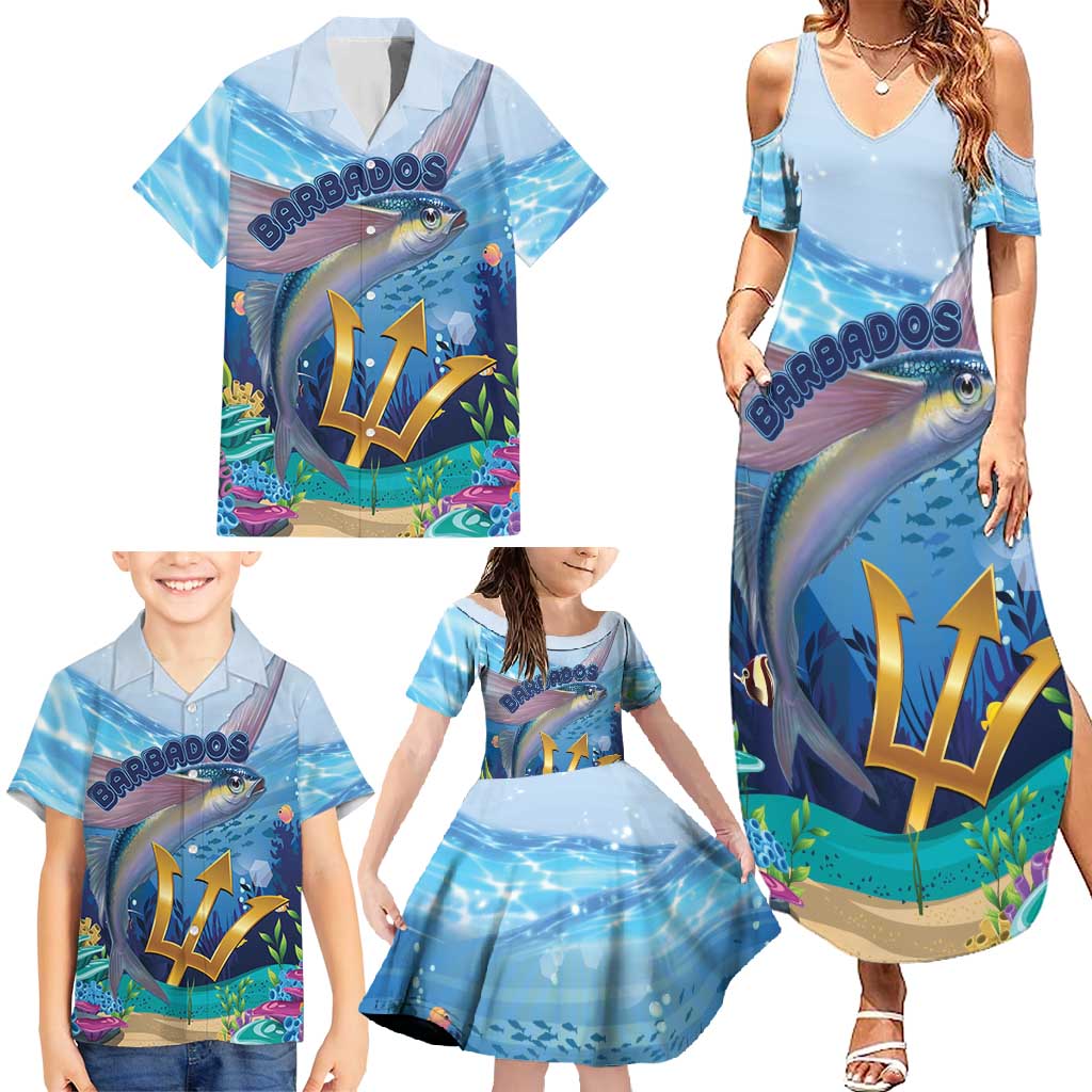 Personalised Barbados Flying Fish Family Matching Summer Maxi Dress and Hawaiian Shirt Ocean Style - Wonder Print Shop