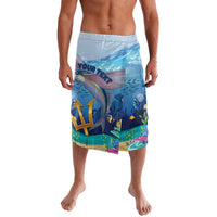 Blue ocean-themed knee-length beach shorts with drawstring waistband and print