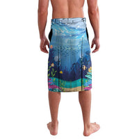 Blue ocean-print knee-length beach shorts with elastic waistband and tropical graphics