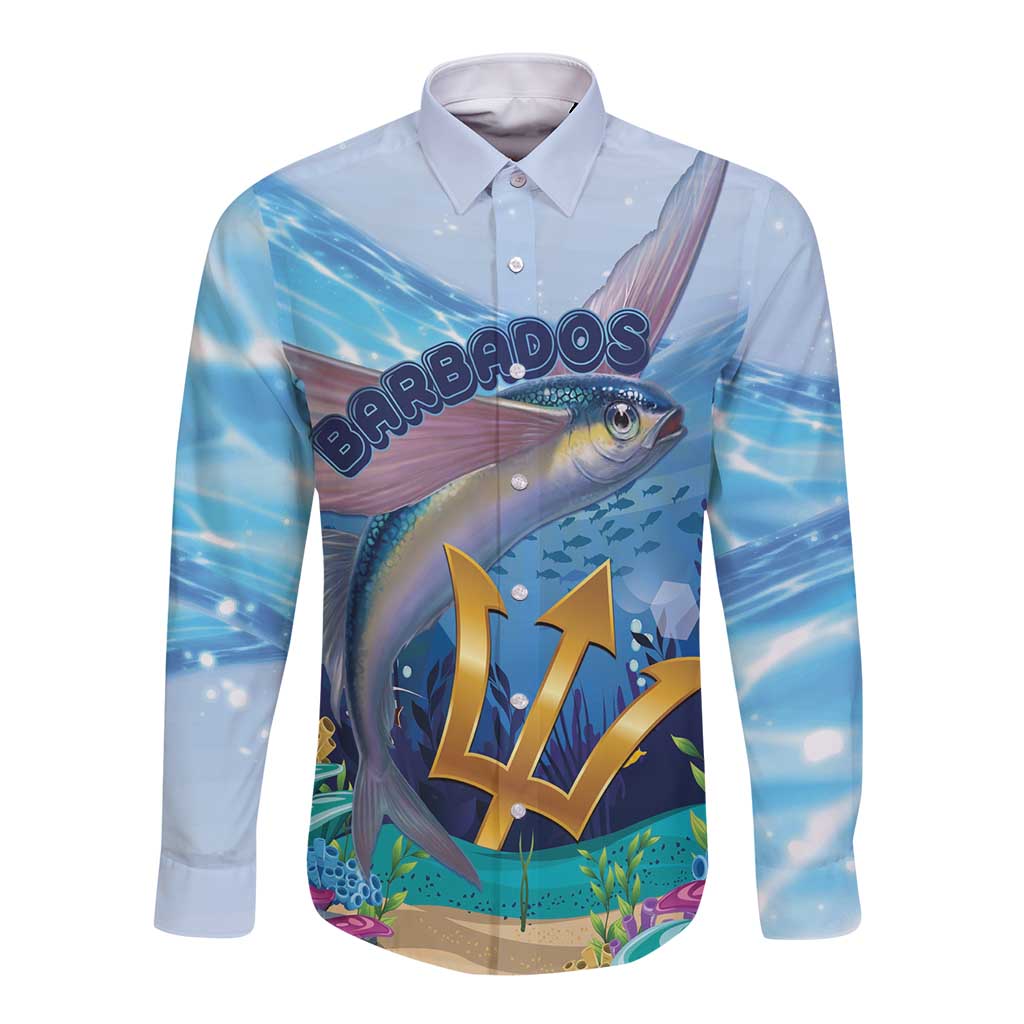 Blue long-sleeve button shirt with Barbados flying fish front graphic