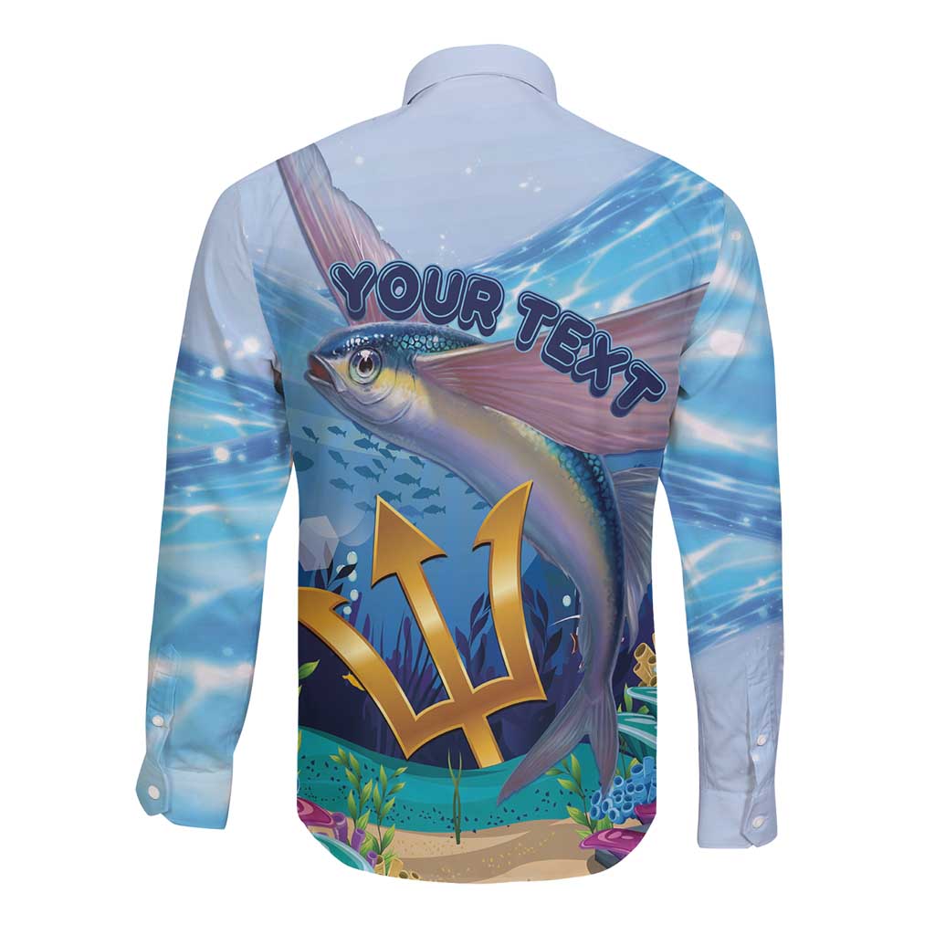 Blue long-sleeve button shirt with flying fish back graphic and Your Text