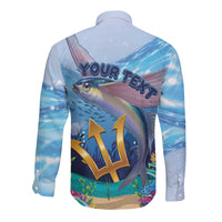 Blue long-sleeve button shirt with flying fish back graphic and Your Text