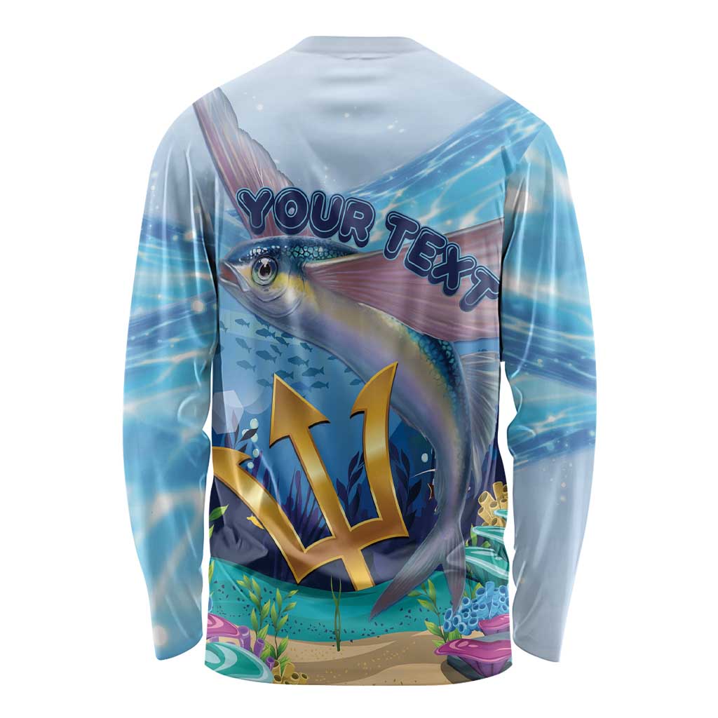 Blue long-sleeve shirt with ocean flying fish back print and gold '11' graphic