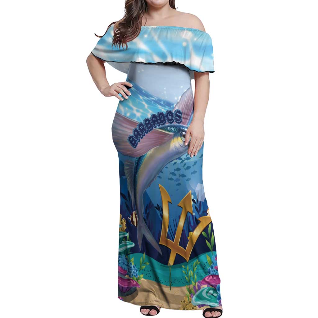 Personalised Barbados Flying Fish Off Shoulder Maxi Dress Ocean Style - Wonder Print Shop