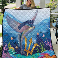 Blue ocean-style quilt with flying fish, sea life, coral, and Barbados logo graphic