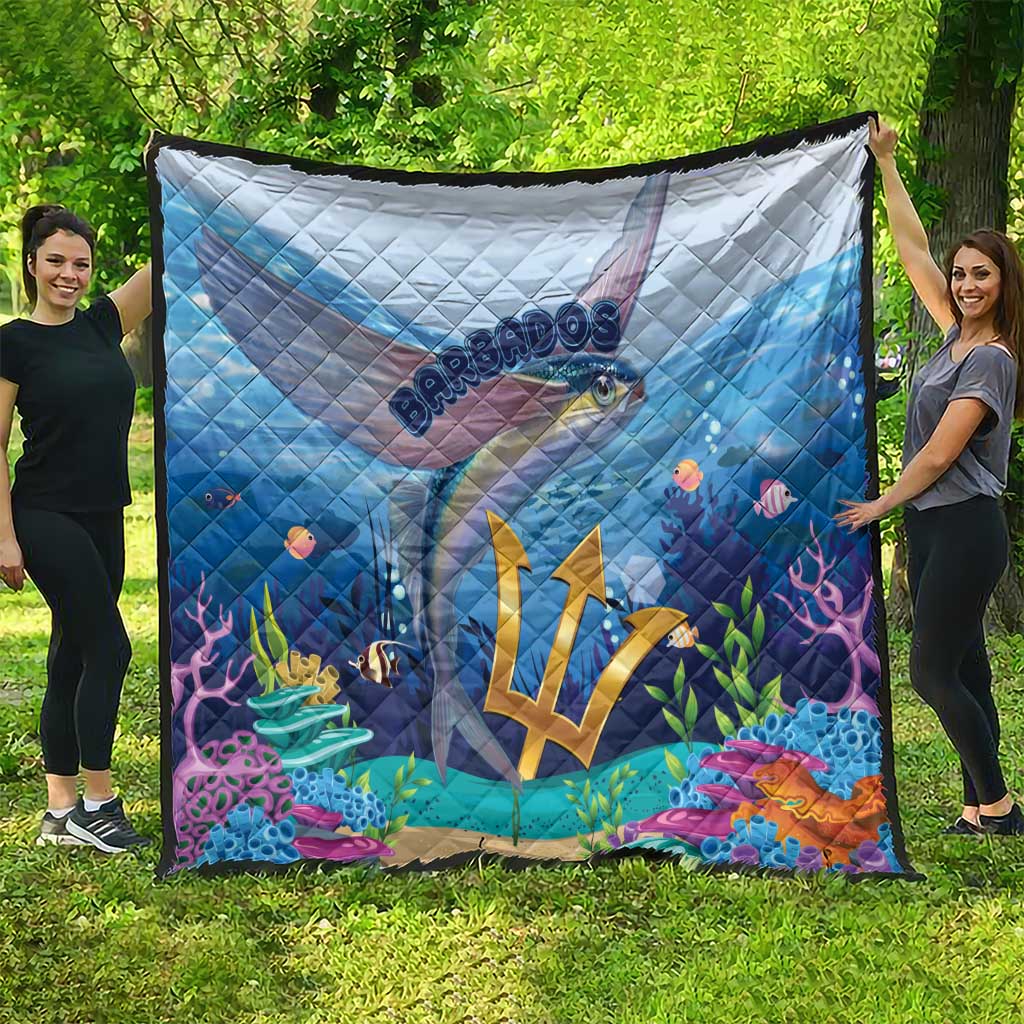 Ocean-themed blue quilt with flying fish, gold trident, coral reef, and Barbados logo