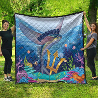 Ocean-themed blue quilt with flying fish, gold trident, coral reef, and Barbados logo
