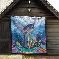 Blue ocean quilt with flying fish, gold symbol, colorful coral details, and Barbados logo