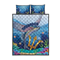 Blue ocean quilt set with Barbados text, flying fish, and sailboat; includes 2 pillowcases