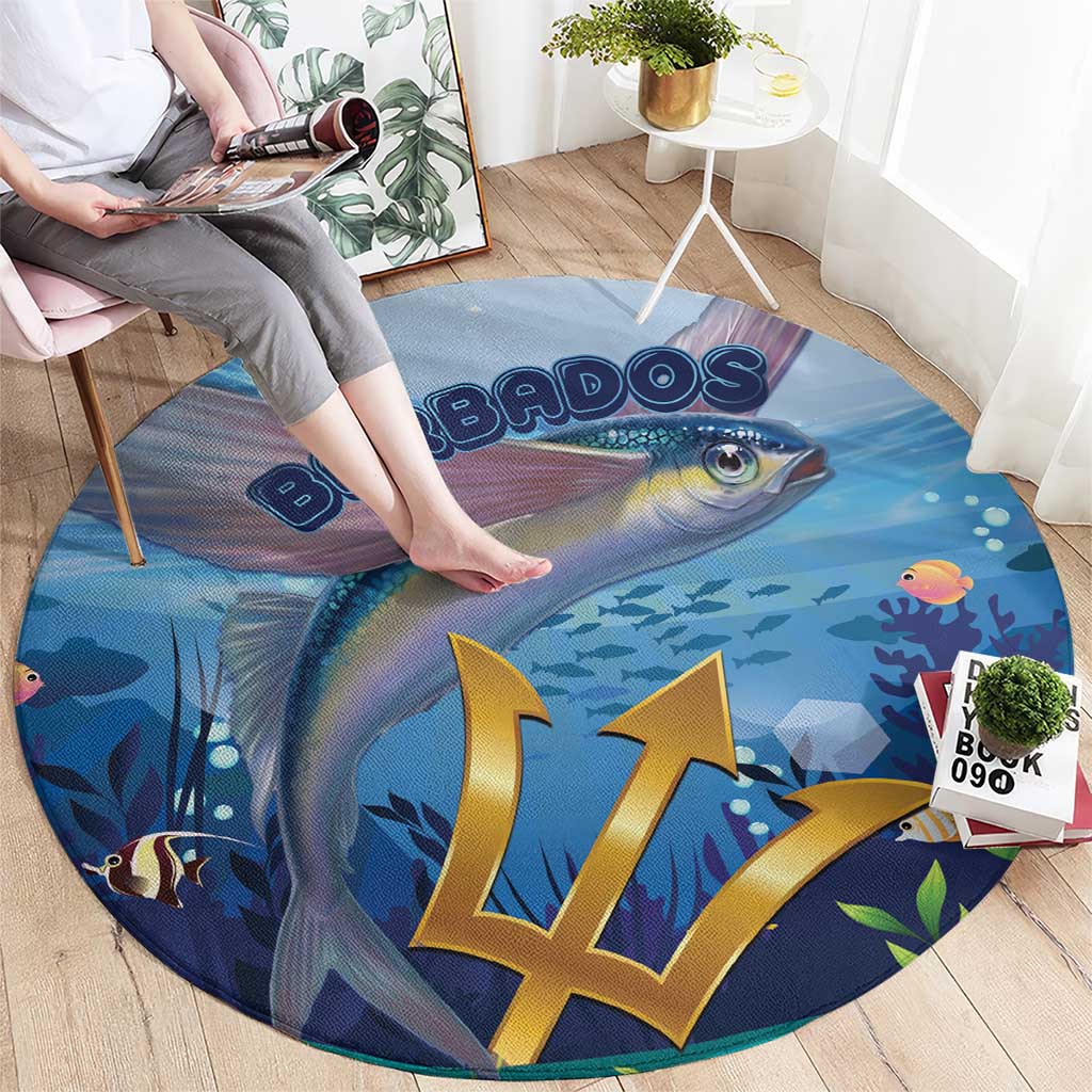 Blue round ocean carpet with fish illustration and gold Barbados letters