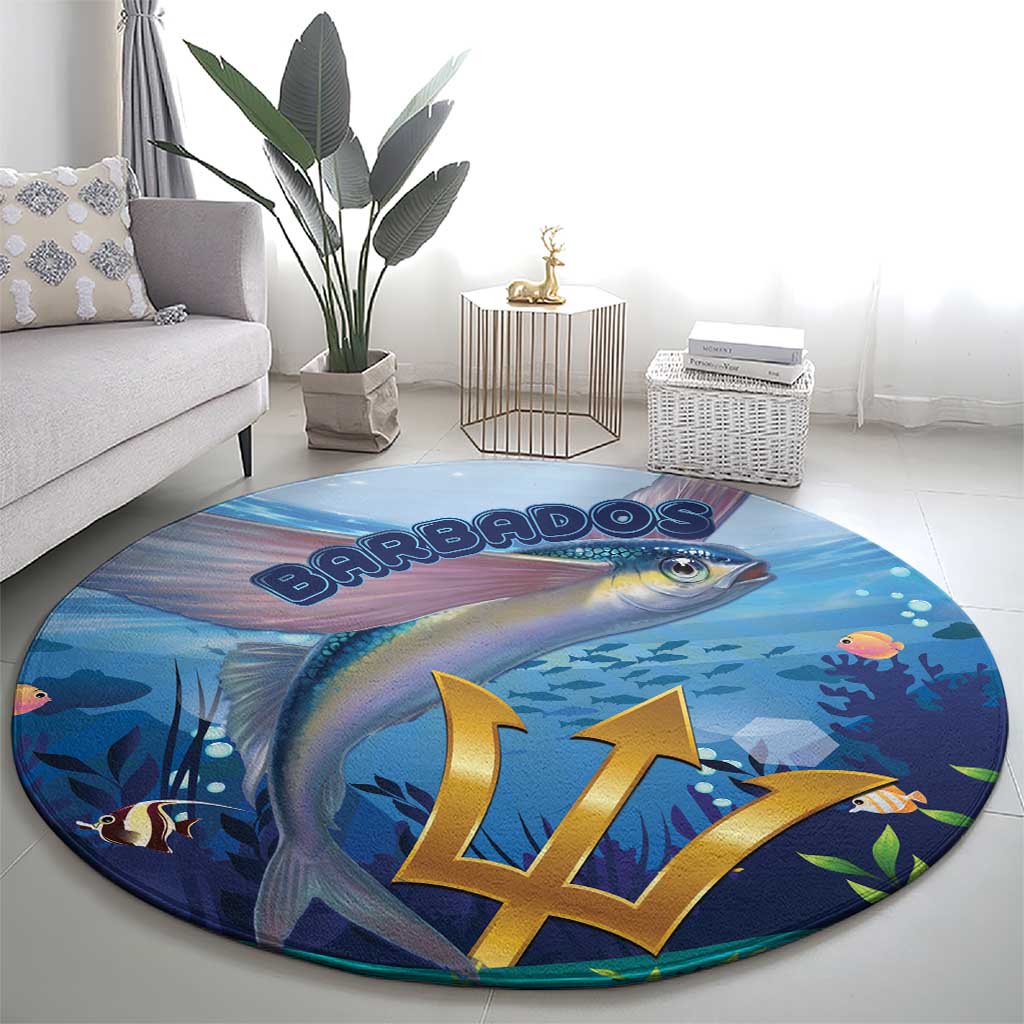 Blue round ocean theme carpet with fish, sea plants, and gold Barbados lettering