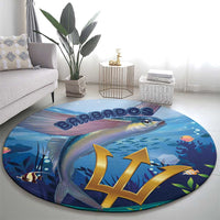Blue round ocean theme carpet with fish, sea plants, and gold Barbados lettering