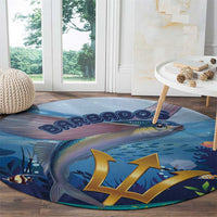 Blue round ocean carpet with fish graphics and gold Barbados lettering