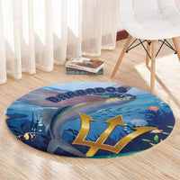 Blue round ocean carpet with large fish artwork and gold Barbados lettering