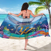 Blue flying fish sarong with coral and seaweed print, draped wrap (back view)