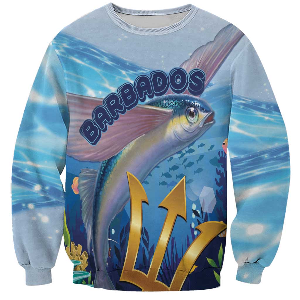 Light blue sweatshirt with Barbados flying fish graphic and gold letter accents