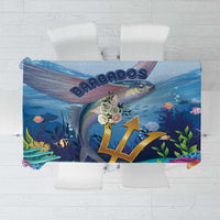 Ocean-themed tablecloth with flying fish, coral, and “Barbados” lettering in blue tones