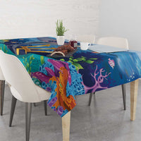 Ocean-style tablecloth with vibrant reef, fish, and sea plants printed in blue and purple