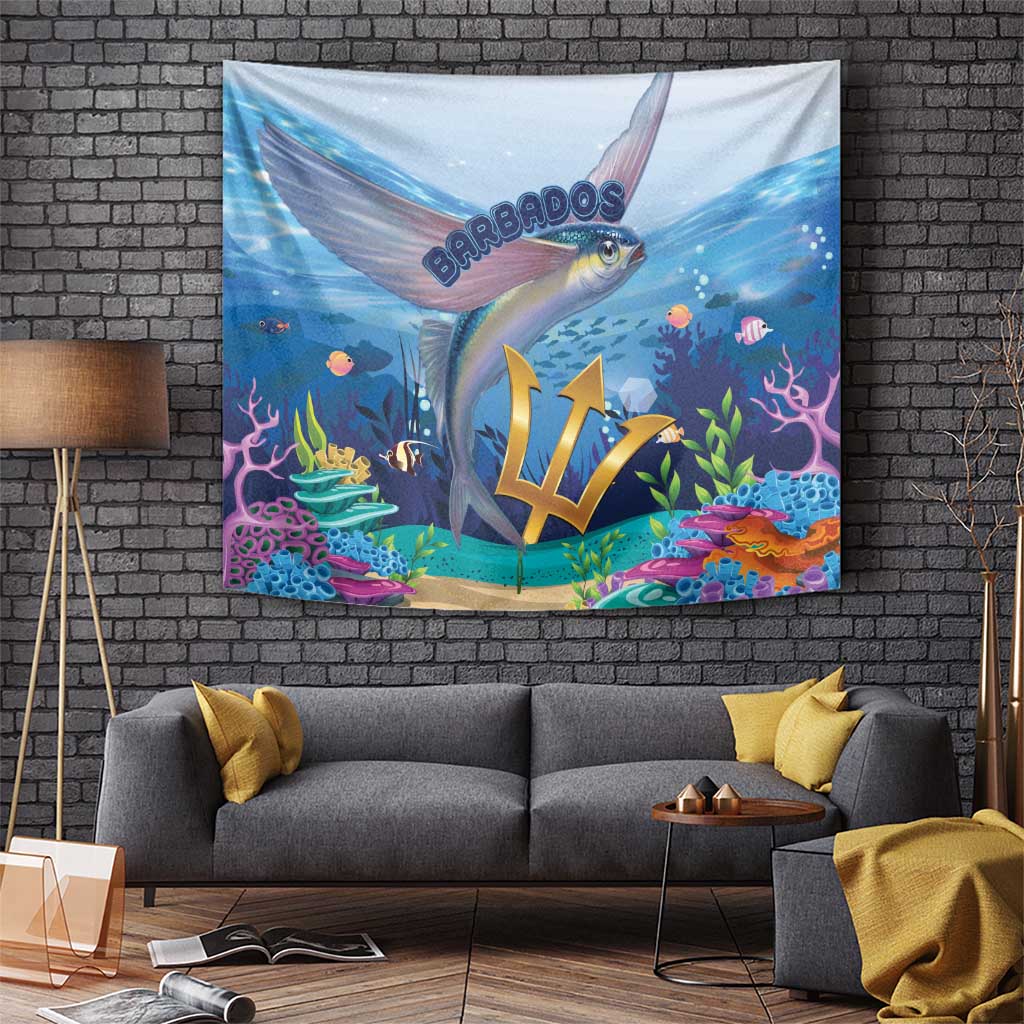 Blue ocean tapestry wall hanging featuring flying fish, coral, and underwater plants