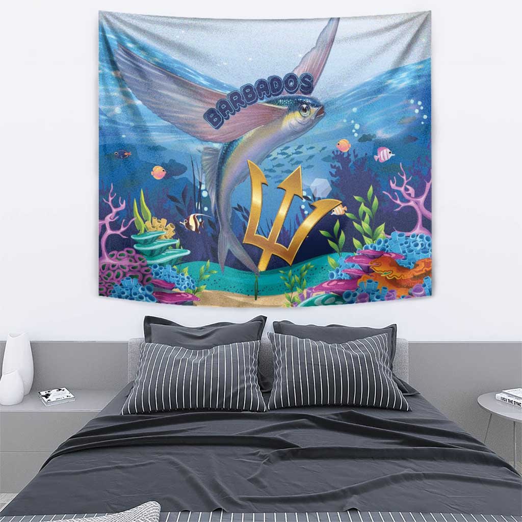 Blue ocean tapestry wall hanging with flying fish above marine plants and coral