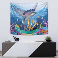 Blue ocean tapestry wall hanging with flying fish and gold emblem on underwater scene
