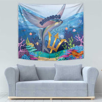 Blue ocean tapestry wall hanging with flying fish, coral reef, and colorful fish