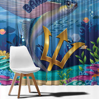 Close-up fabric of blue ocean curtain with flying fish, gold wave shapes, and coral plants