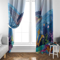 Blue ocean-themed window curtain panel set with flying fish, coral, and sea creatures print