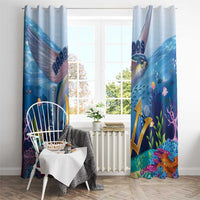 Blue ocean curtain set with fish and coral reef artwork, hanging by a top rod