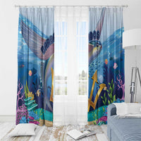 Blue ocean-fish window curtain panels with sea plants, jellyfish, and colorful underwater scenes