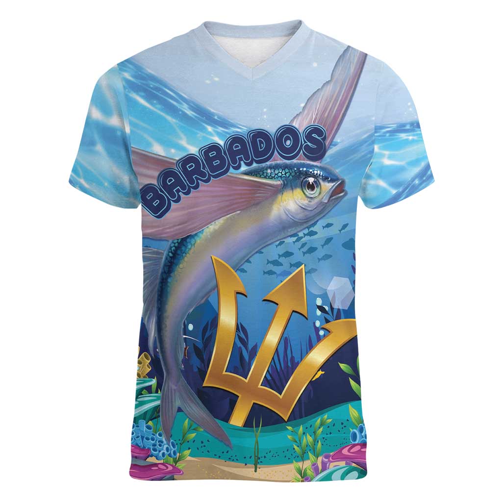 Personalised Barbados Flying Fish Women V-Neck T-Shirt Ocean Style - Wonder Print Shop