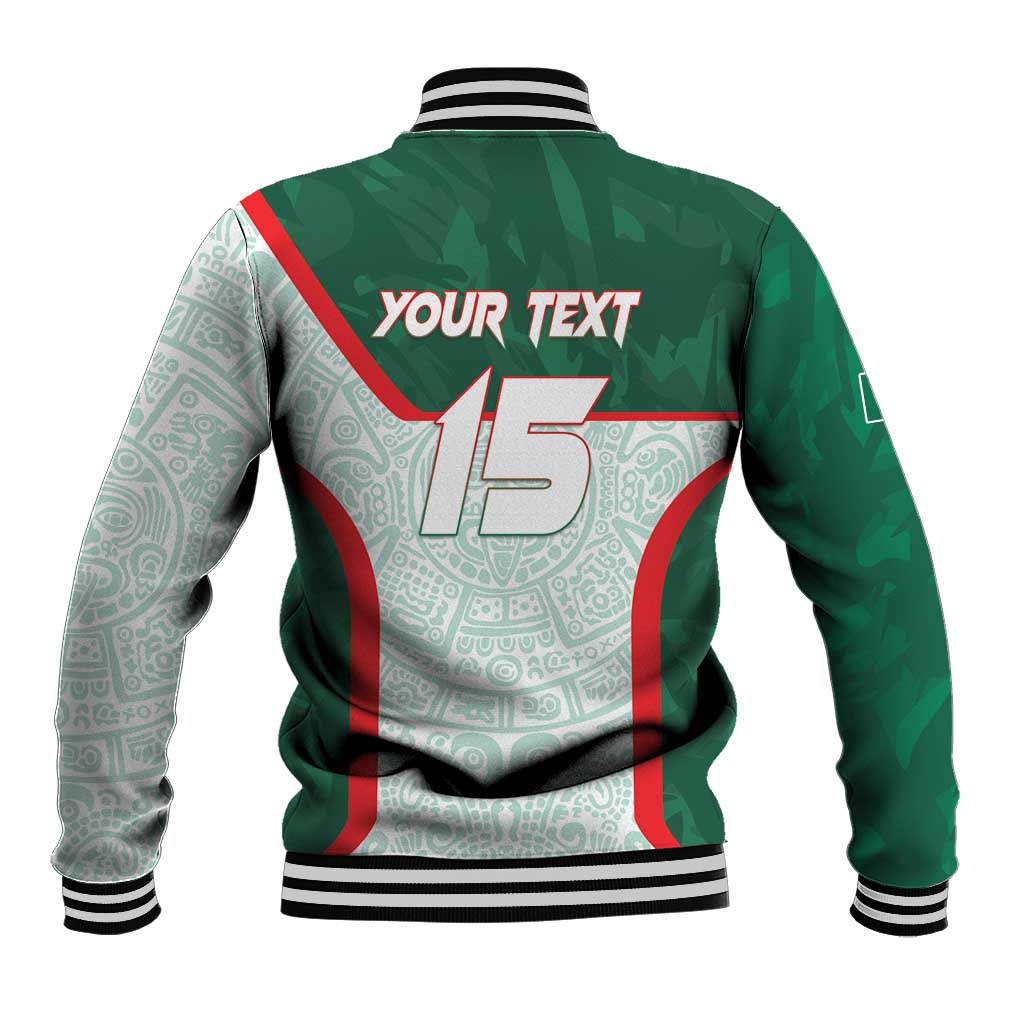 Green Mexico varsity baseball jacket back with aztec pattern, red trim, and 15